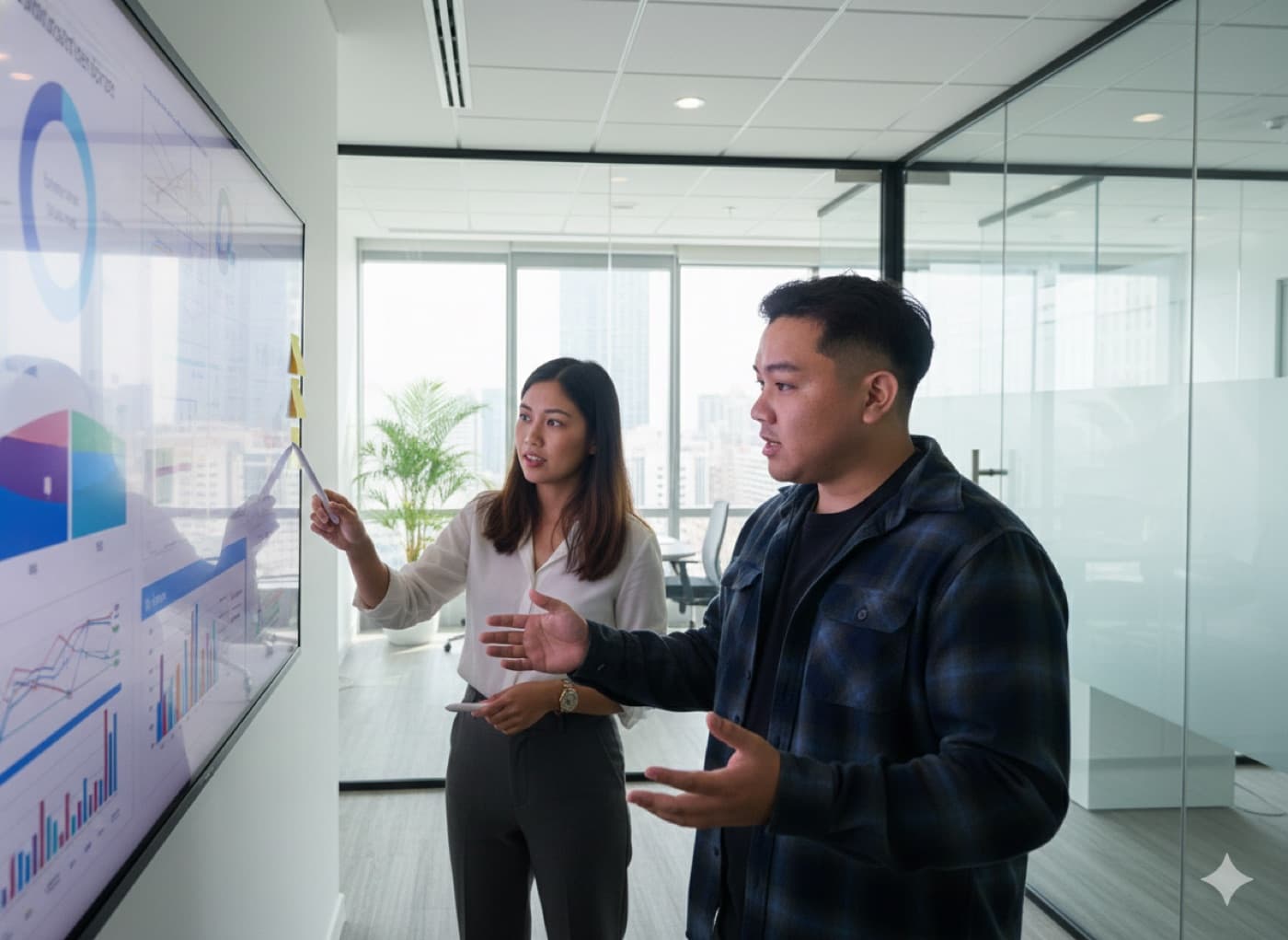 Two colleagues discussing dashboards on a wall-mounted screen