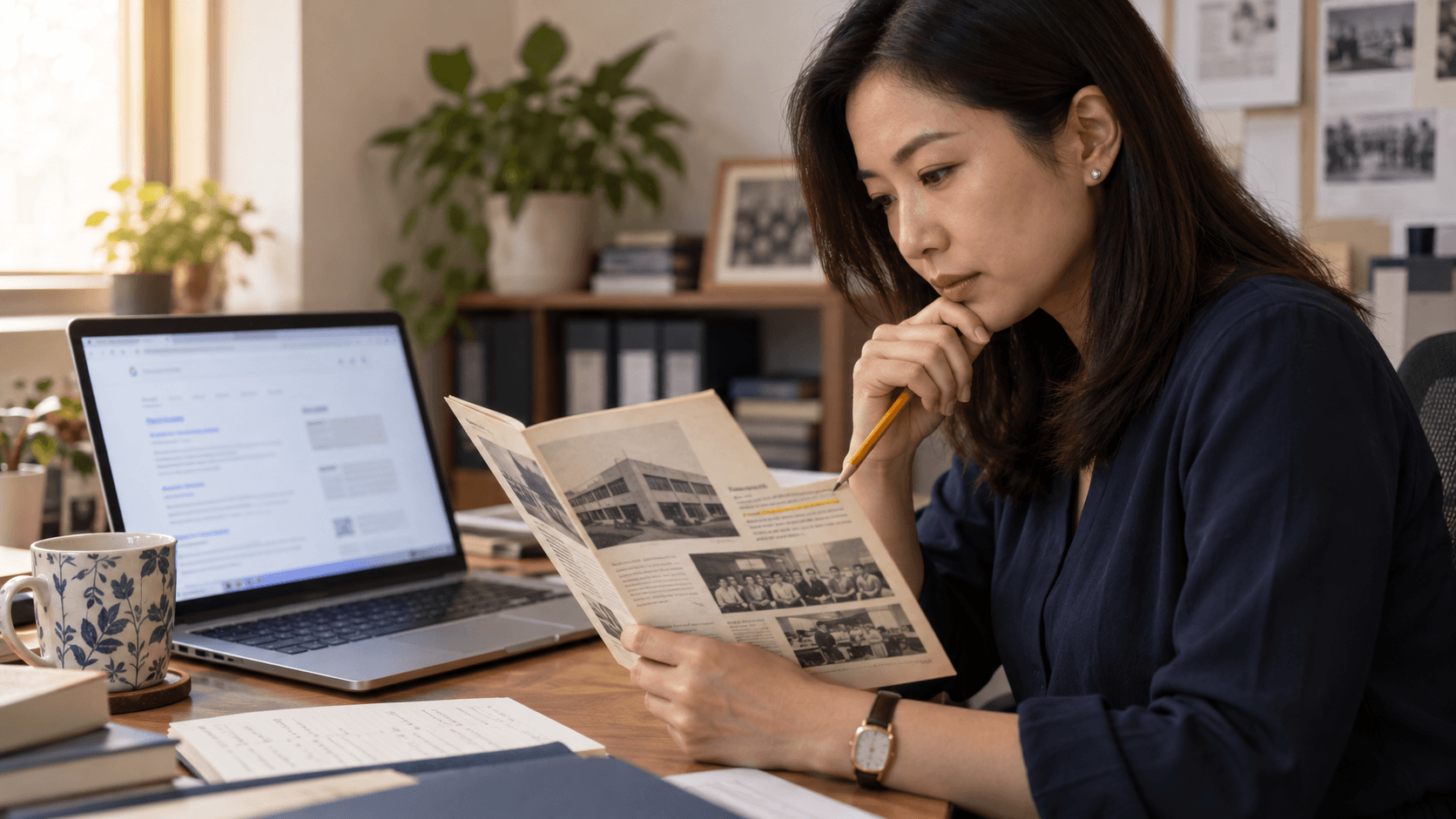 Business owner comparing an old company brochure with a laptop search result