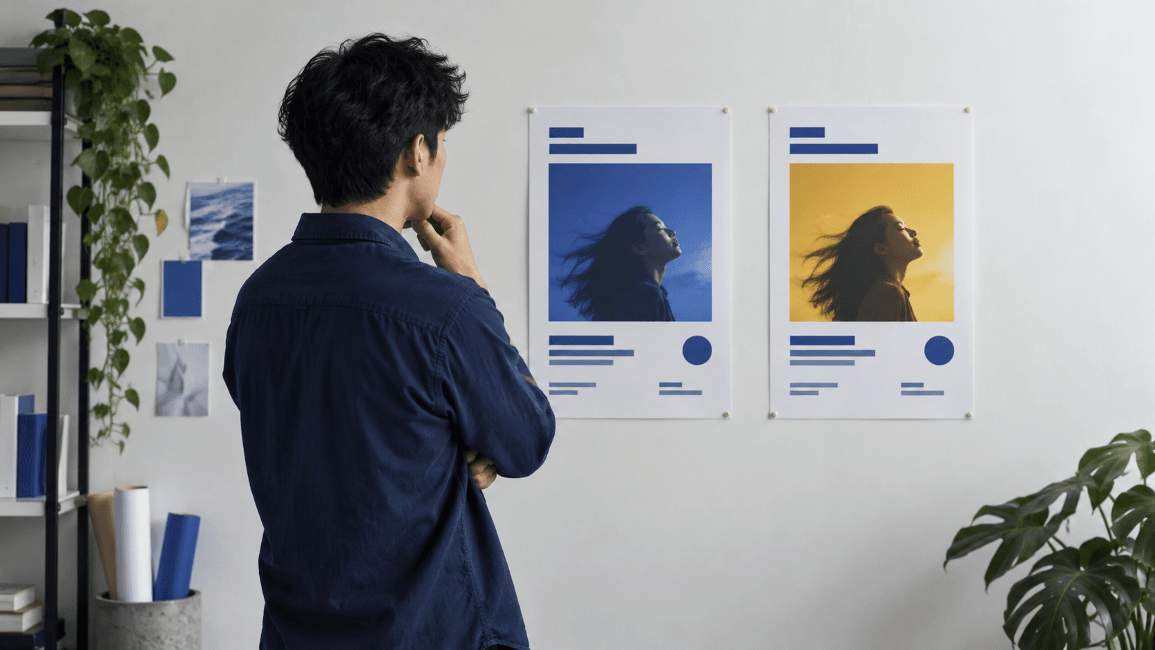 Creative specialist comparing two ad layouts pinned side by side