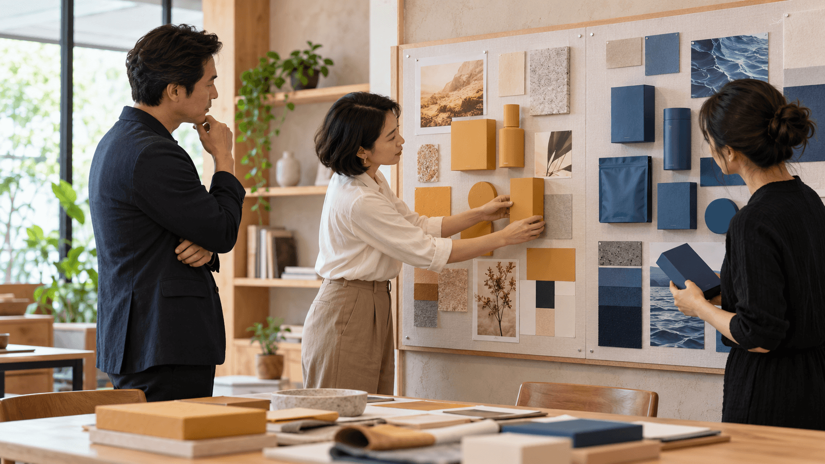 Business leaders and designer arranging two sets of packaging samples on a wall