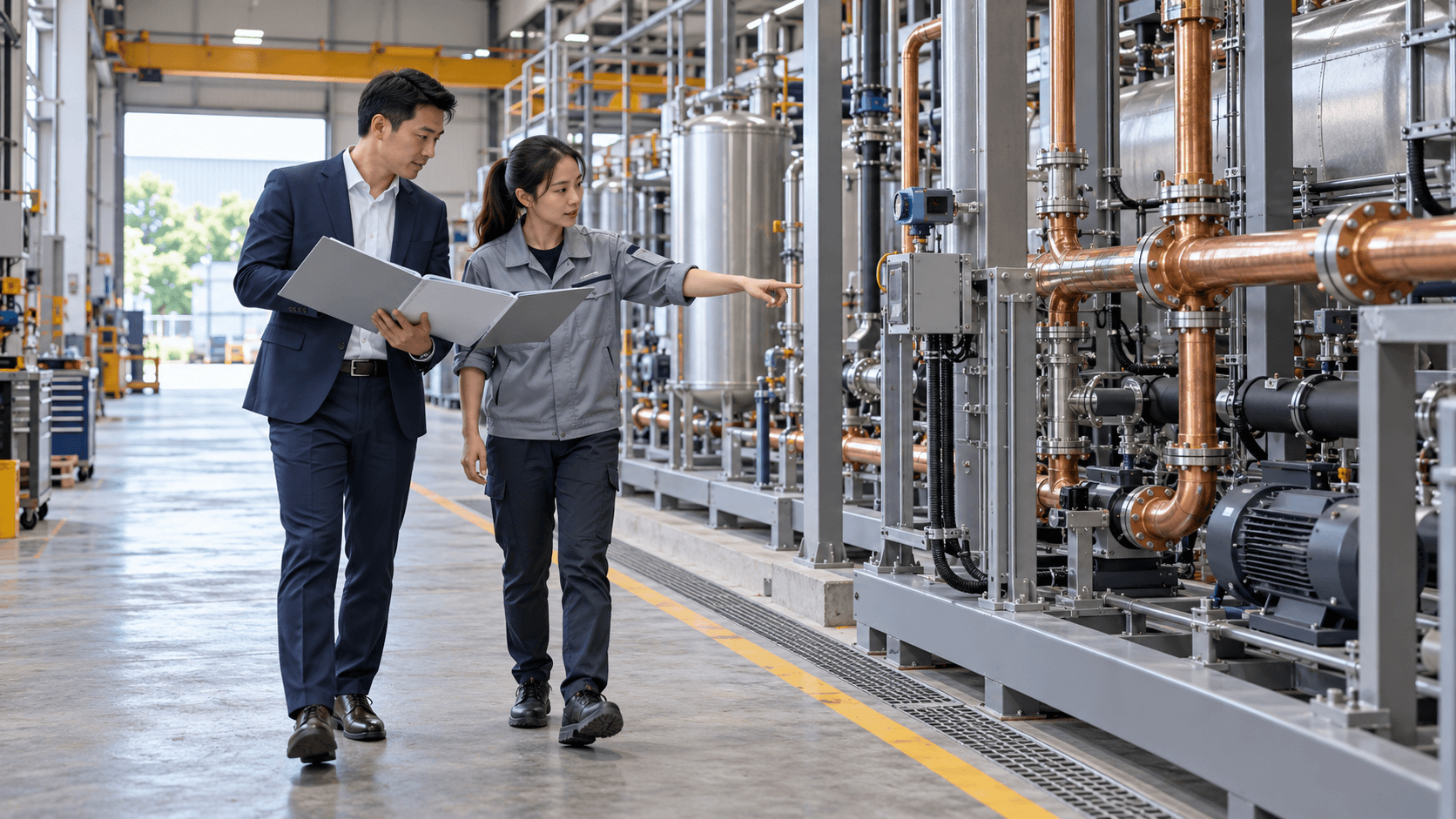 Business executive and engineer reviewing an installation on a factory floor