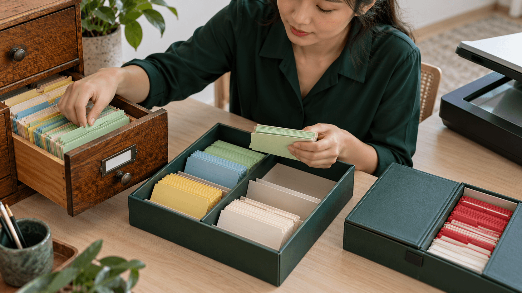 Operations professional sorting indexed cards into separate migration trays