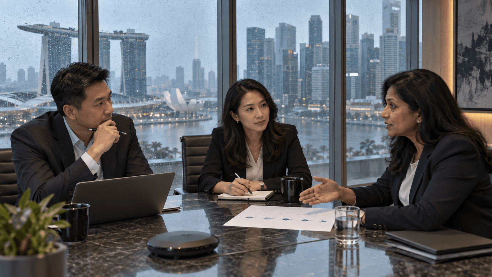 Singapore B2B team discussing sales handoffs in a meeting room