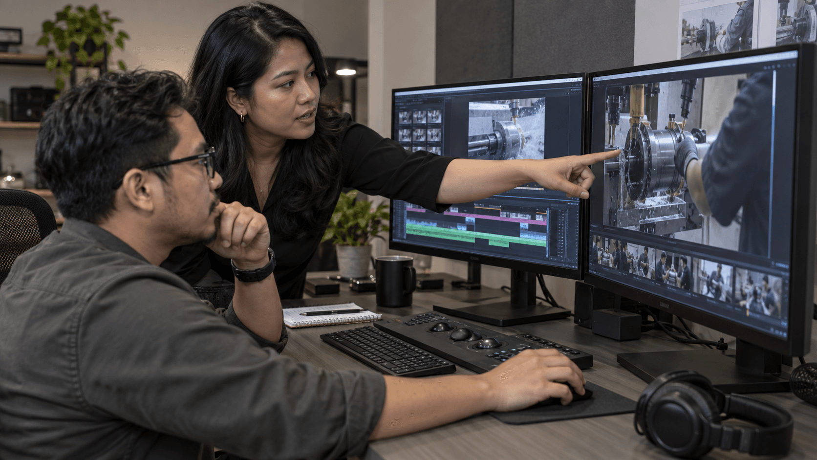 Marketing lead and video editor reviewing industrial campaign footage
