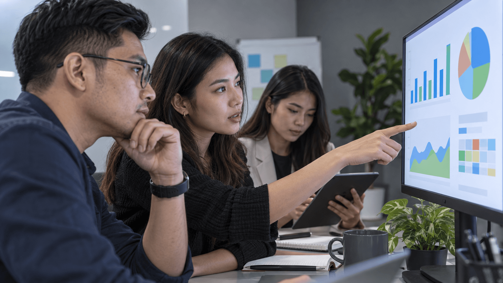 Paid search specialists comparing campaign charts and lead quality