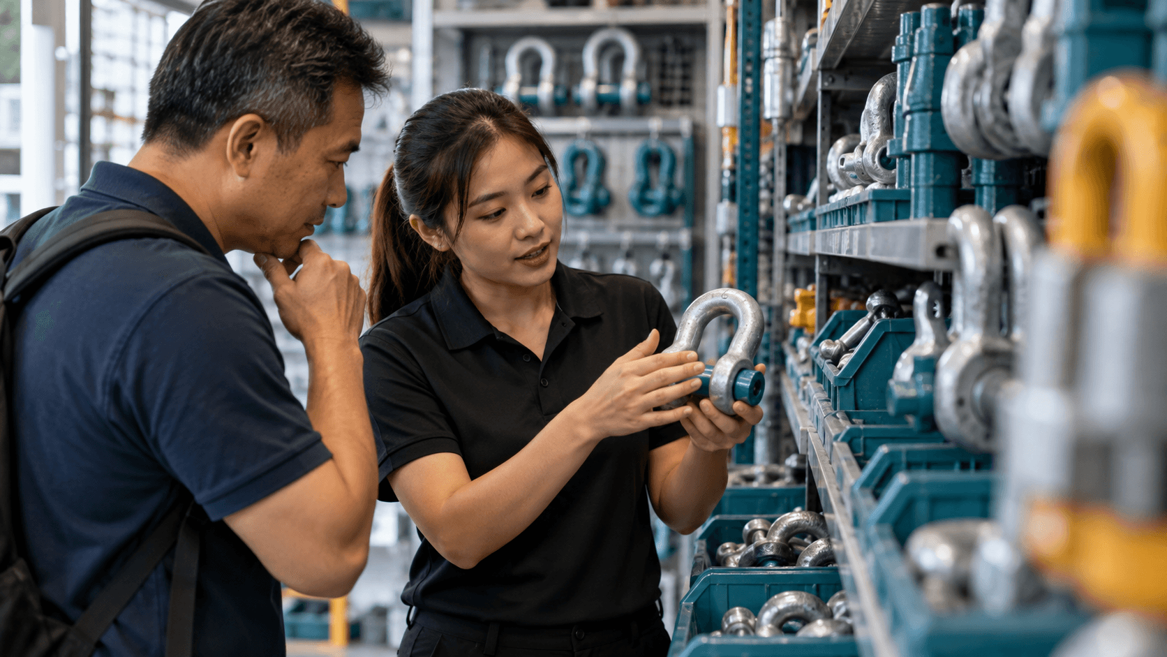 Supplier helping a business buyer compare equipment fittings in a trade showroom