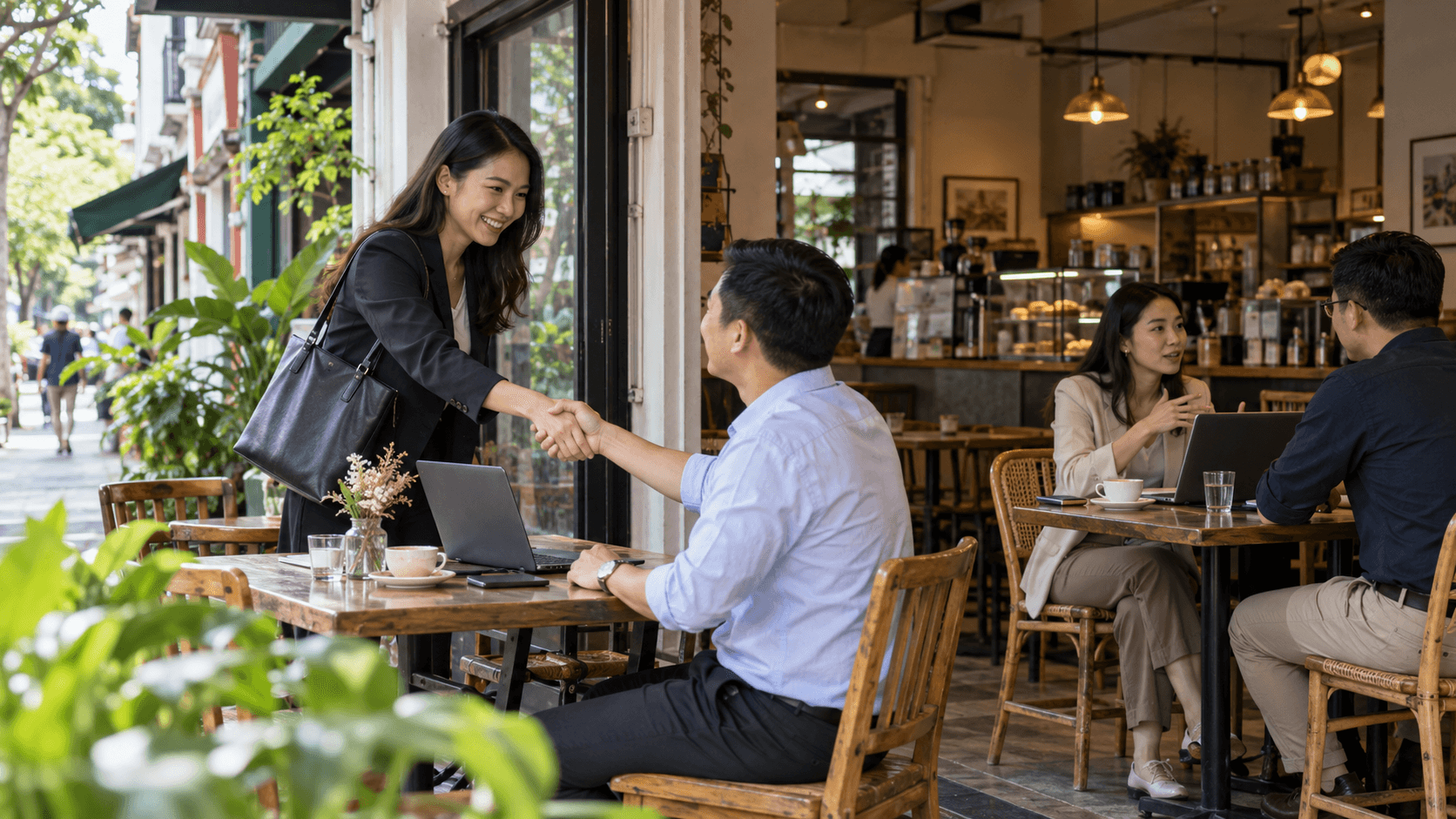Account manager greeting a customer at a cafe with another business meeting nearby