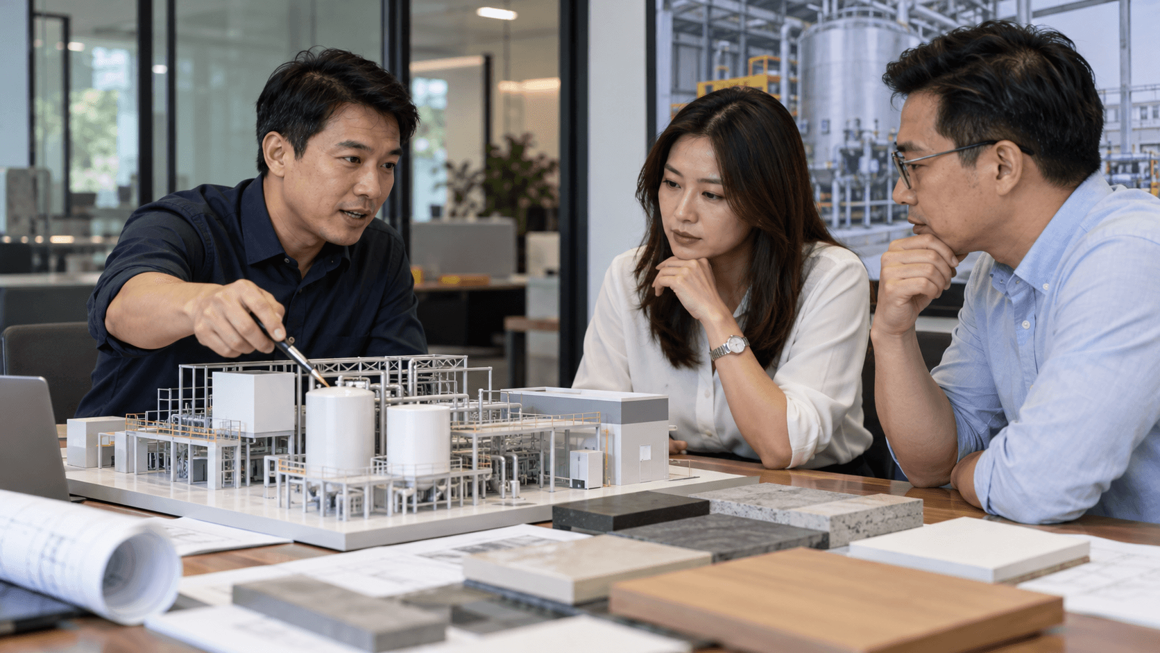 Implementation specialist reviewing an installation model with two business buyers