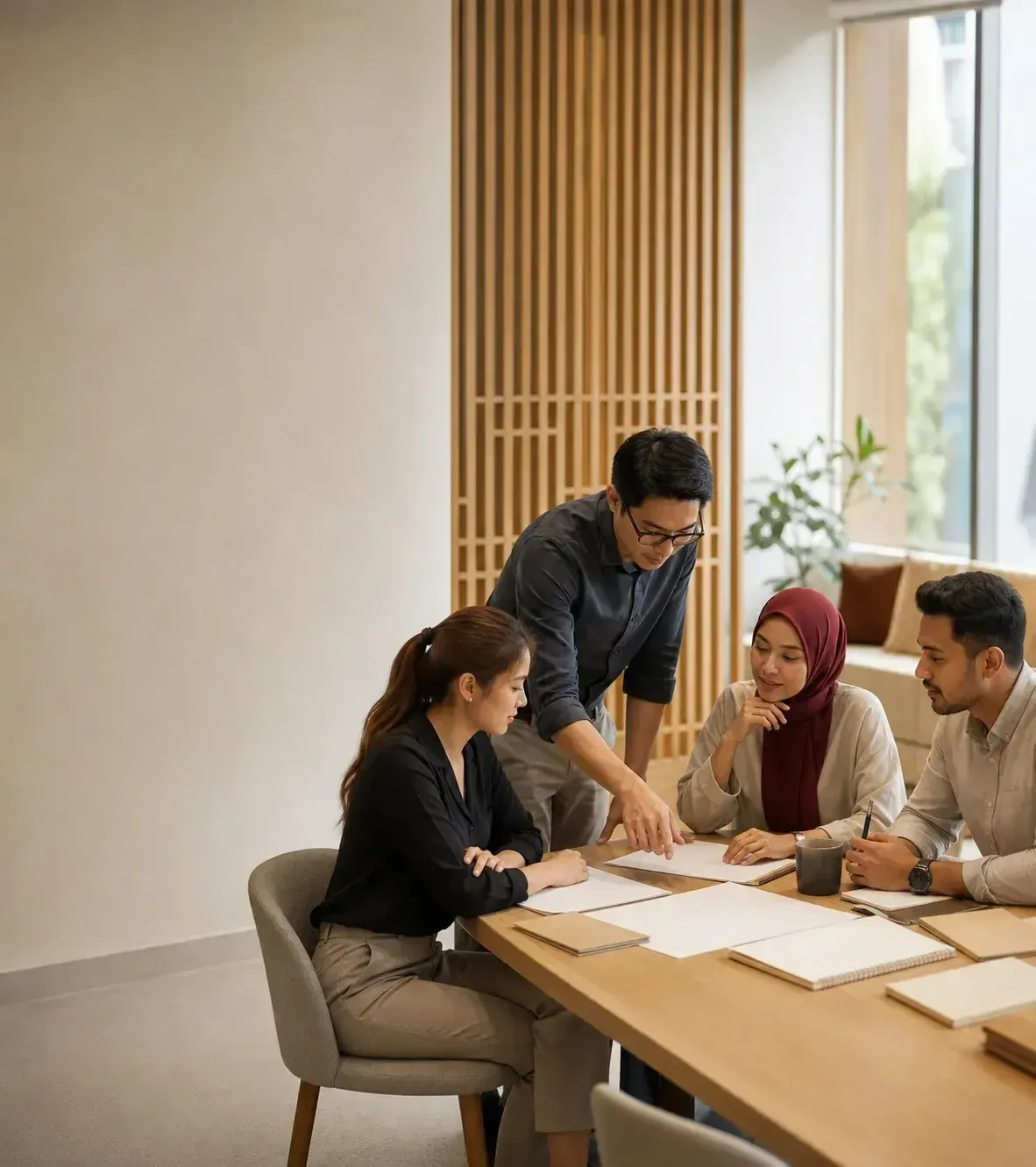 Three colleagues reviewing a printed plan together