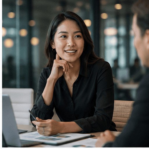 Two people talking during a meeting in a bright modern office space.
