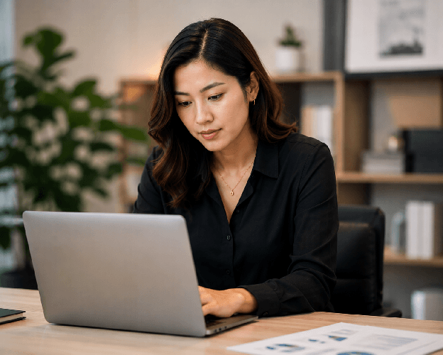Professional working on a laptop with charts in a modern office