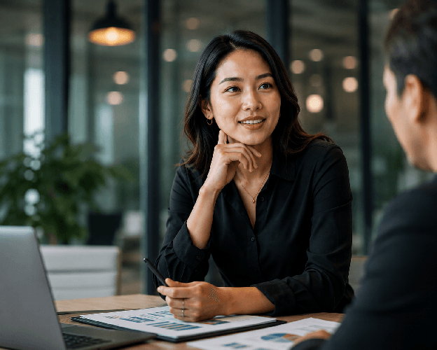 Professional in a meeting reviewing charts and documents
