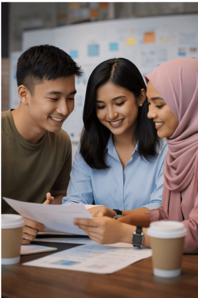 Three colleagues reviewing a printed plan together