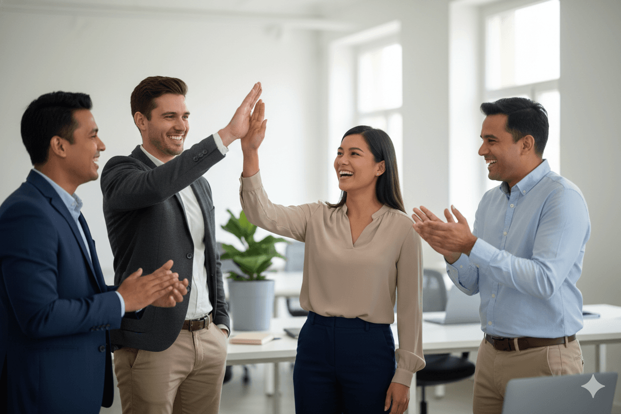 Team collaborating in a modern office workspace