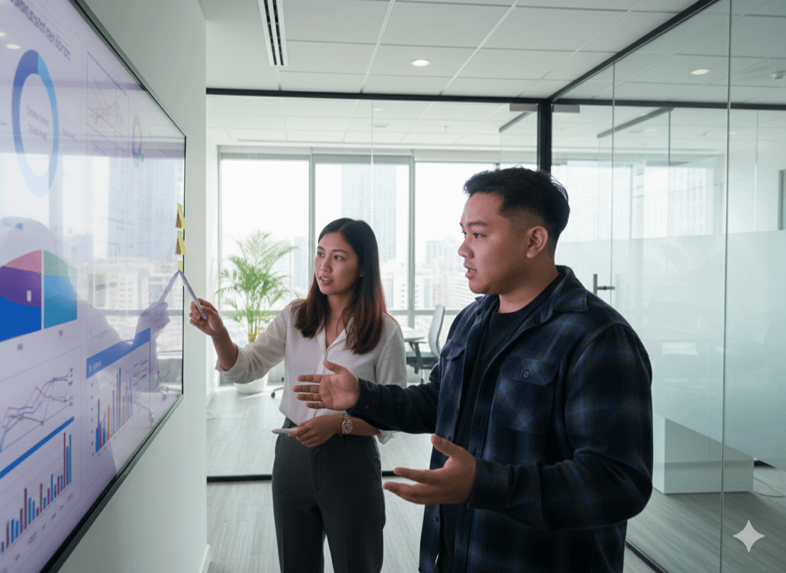 Two colleagues discussing dashboards on a wall-mounted screen