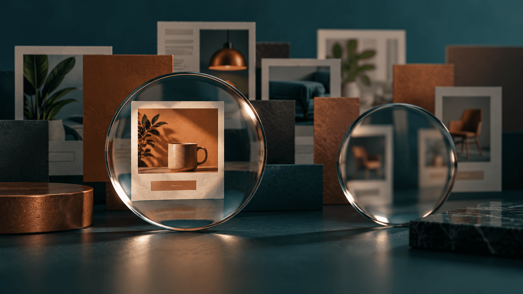 Optical lenses revealing paper advertisements through overlapping frames