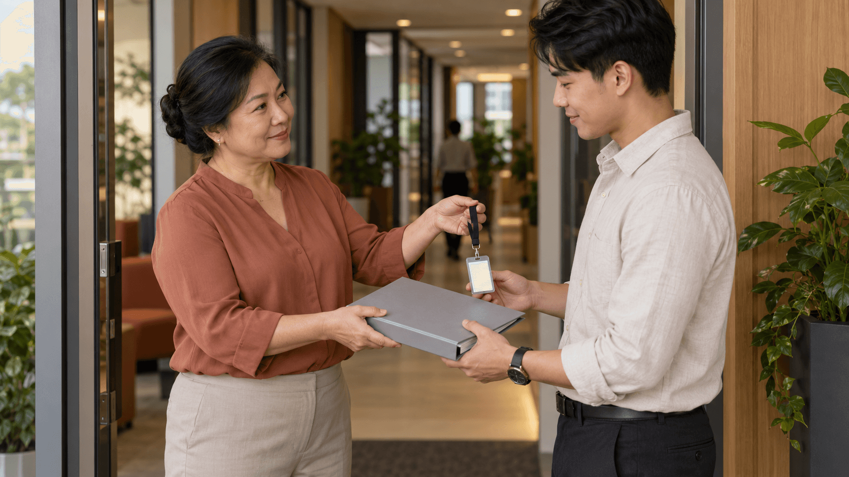 Two colleagues handing over a binder and access badge in an office corridor