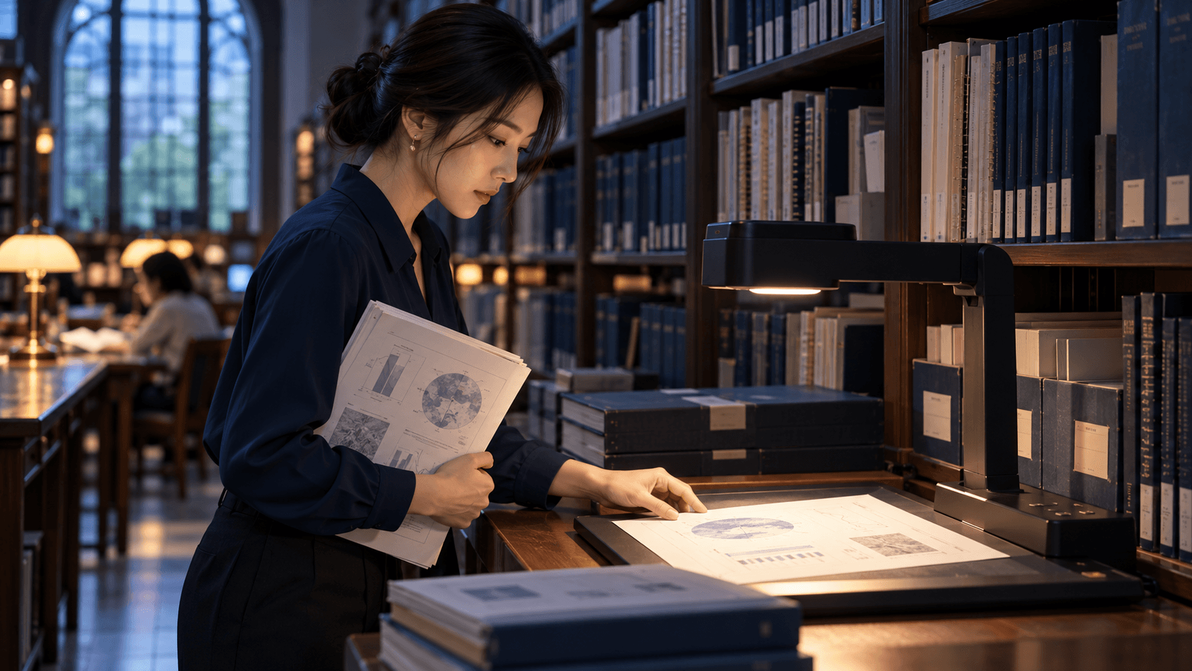 Professional reviewing a technical report beside shelves in a reading room