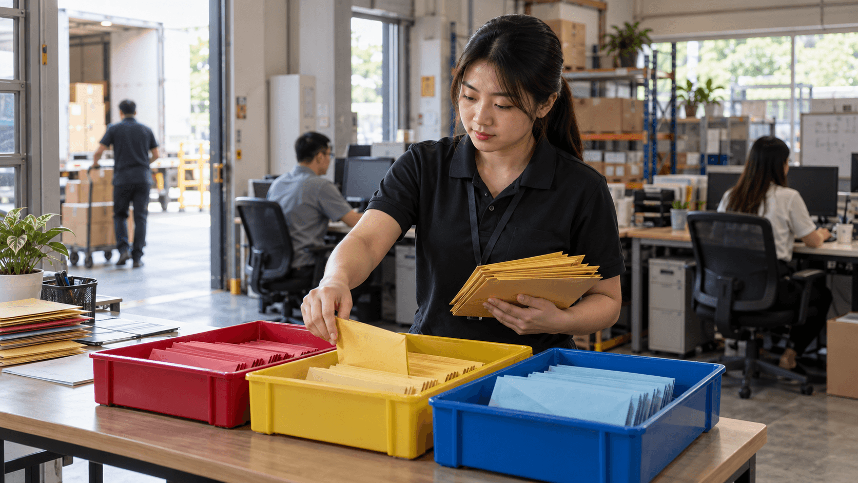 Operations coordinator sorting enquiry envelopes into coloured routing trays