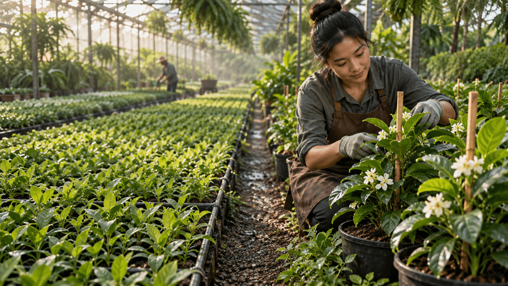 Gardener tending selected plants beside wider greenhouse rows