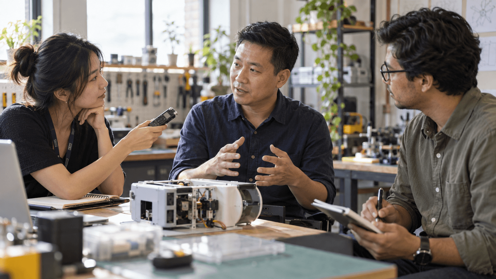 Three colleagues discussing a product prototype around a table
